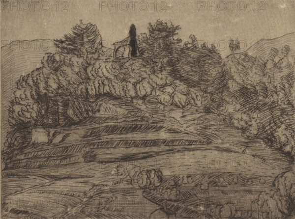 La chapelle de Saint-Julien (original title on object), print, A chapel in a hilly landscape., number: '36', printmaker: Joseph Henry Gosschalk (signed by artist), 1932, paper, drypoint, intaglio printmaking technique, height 148 mm x width 195 mm, low hill country, church (exterior) - QQ - small church, chapel, France, A monochrome ink drawing showing a hilly landscape with layered terraces and fields in the foreground, marked by curved and parallel hatch lines. A cluster of rounded, textured trees fills much of the middle ground, their foliage indicated by swirling, dense ink strokes. Near the top of the hill a small structure with an arched opening is partly obscured by the trees, and a tall, narrow tree stands beside it. Additional hills and scattered trees appear in the distant background, all rendered with similar linear hatching and contouring on a textured paper surface.