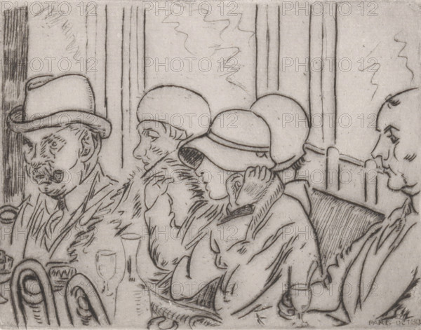 Coin de café à Paris (original title on object), print, Men and women in a café. One of the men is smoking a pipe., number: '13', printmaker: Joseph Henry Gosschalk (signed by artist), 1930-10, paper, drypoint, intaglio printmaking technique, height 133 mm x width 172 mm, inn, coffee-house, public house, pipe, tobacco, Paris, A monochrome sketch shows a close grouping of seated figures wearing hats and coats, their faces rendered with simple contour lines and short hatch marks for shading; a man on the left wears a rounded brimmed hat and smokes a pipe, a person next to him wears a rounded cap and a furry collar, and a woman in front wears a cloche-style hat with her hand near her face; behind them a figure with a long nose and a pipe leans in from the right, vertical lines and faint squiggles suggest a background of panels or curtains, and in the foreground curved chair backs and a few drinking vessels are visible on a table.