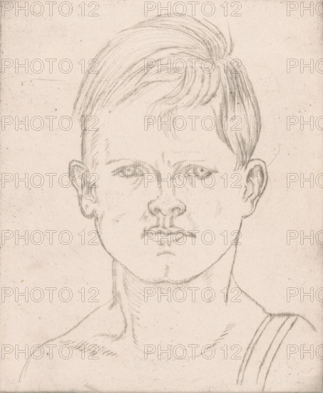 Portrait of an unknown boy, print, number: '1', printmaker: Joseph Henry Gosschalk (signed by artist), 1885 - 1932, paper, drypoint, intaglio printmaking technique, drypoint and plate tone in gray, height 195 mm x width 162 mm, boy (child between toddler and youth), anonymous historical person portrayed, A pencil sketch of a young person's head and upper torso on aged paper, showing short hair combed to one side with a small wave at the front, straight eyebrows, almond-shaped eyes with light shading, a straight nose, and full lips with a subtle mustache above the upper lip; ears visible at each side of the head, a long neck with contour lines and shading, shoulders with faint muscle and clavicle lines, and a strap over one shoulder composed of parallel lines, all rendered in fine, soft pencil strokes against a textured, lightly spotted background.