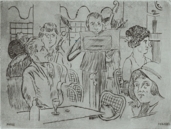 Musicians in a café, print, A cellist and a violinist perform a piece of music in a café., number: '2', printmaker: Joseph Henry Gosschalk (signed by artist), Paris, 1930-10, paper, drypoint, intaglio printmaking technique, drypoint and plate tone on blue paper, height 148 mm x width 195 mm, inn, coffee-house, public house, musician at work, An etched scene shows a group of seated people around a table with wicker-backed chairs, a standing figure reading from a music stand, and various faces in profile and three-quarter view; visible objects include a bottle and a glass on the table, a coin or small round item, the patterned backs of chairs, and a column with a bundle of long sticks; background lines and simple architectural shapes frame the figures, and the image is rendered in fine linear scratches on a pale surface.