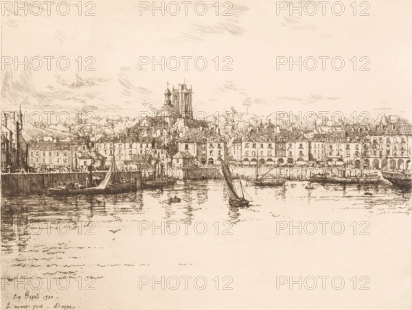 Port for Dieppe, L'avant port Dieppe, print, printmaker: Eugène Bejot (signed by artist), Dieppe, 1930, Eugène Bejot, printmaker, paper, etching, drypoint, intaglio printmaking technique, height 228 mm x width 285 mm, harbour, ships (in general) - CC - more than one ship, A detailed monochrome sketch of a waterfront town showing a row of multi-story buildings with pitched roofs and arched ground-level openings lining a quay, with various small sailing vessels and boats moored along the water’s edge and reflected in the rippling water, a larger vessel with a raised sail near the center and smaller rowboats nearby, a prominent church or tower rising above the rooftops near the middle of the composition, trees and foliage behind the buildings, a textured sky with light, sketchy clouds, and the lower portion of the page left largely empty.