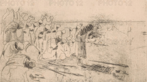 Abendgebet der Araber (original title on object), Praying men with turbans, print, Three camels in the background on the left., number: 'II', printmaker: Harrie Kuyten (signed by artist), 1893 - 1935, paper, etching, intaglio printmaking technique, height 119 mm x width 198 mm, head-gear: turban, hoofed animals: camel, (private) prayer, 'Oratione', 'Preghiere', 'Preghiere a Dio' (Ripa), A wide, pale paper surface with faint sketch lines shows a group of robed figures clustered on the left, drawn with simple contours and curved lines suggesting heads bowed and elongated garments; some figures appear to have hands or sleeves extended while others are hunched. Toward the right a single robed figure stands slightly apart, bent forward with detailed shading on the shoulders and back, holding or leaning over an indistinct object. The foreground contains long, straight strokes resembling poles or planks and a rectangular, hatched form lying flat. Scattered curved marks and small shaded shapes...
