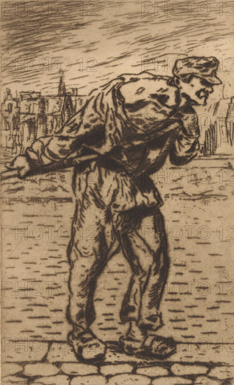 Man pulling, print, A man in clogs is pulling something behind him with a rope on the street., printmaker: Jos Croïn (signed by artist), 1904 - 1936, paper, etching, intaglio printmaking technique, height 238 mm x width 148 mm, drawing, pulling something, wooden shoes, clogs, A monochrome etched image shows a standing male figure facing to the right, wearing a cap and loose clothing that includes a draped jacket and baggy trousers; his posture is slightly hunched with one arm bent across his chest and the other holding a long pole slung over his shoulder. The background contains linear architectural outlines suggesting building facades and rooflines, with a tall spire-like structure among them. The ground beneath the figure is textured with horizontal hatch marks and a cobblestone foreground at the bottom edge. The sky is rendered with diagonal, closely spaced hatch lines. The overall image is defined by fine, dark etched lines on a warm, paper-toned background.