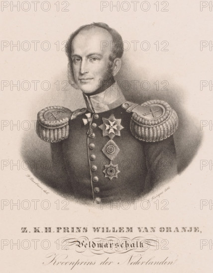 Portrait of King William II, print, The sitter wears a military uniform with knighthoods., print maker: Louis Lévèque, Amsterdam, after design by Pieter Bartholomeusz. Barbiers, Haarlem, after design by Pieter Barbiers (IV), 1809 - 1840, paper, chine collé, lithography, lithography on chine collé, height 430 mm x width 350 mm, Person, William II of the Netherlands, historical persons ((full) bust portrait), knighthood order, A sepia-toned engraved portrait of a man shown from the chest up wearing a dark military uniform with prominent braided epaulettes on the shoulders and a high decorated collar, his hair is short with muttonchop sideburns and he has a calm, composed facial expression; the uniform front displays a row of buttons and several star-shaped and circular medals pinned along the chest, and the background is plain with soft shading around the figure.