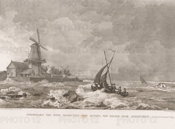 Crossing of King Louis Napoleon from Dalen to Gorinchem, 1809, Crossing of His Majesty the King, from Dalen to Gorinchem (in January, 1809), print, book illustration, printmaker: Reinier Vinkeles (I), after drawing by Cornelis van Hardenbergh, publisher: Johannes Allart, Amsterdam, paper, etching, engraving, height 251 mm x width 340 mm, A detailed monochrome engraving shows a coastal scene with a windmill and buildings on a low shoreline, people gathered near the structures and on a quay, rough water with waves breaking over rocks, and small sailing boats in the choppy sea with figures aboard, all beneath a sky filled with textured clouds.