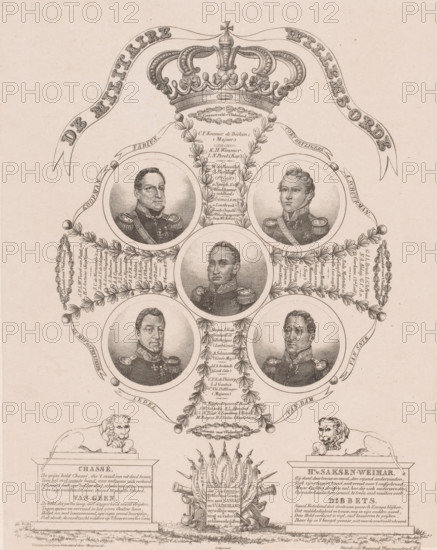 The Military Order of William, List of soldiers who received the Military Order of William, print, Among the names of soldiers who were wounded or killed in action, five portraits of Chassé, Van Saksen-Weimar, Dibbets, and Van Geen are displayed. In the center, King William I. At the bottom left and right, tombs or pedestals topped with two lions and lines of poetry about the generals. Center bottom banners symbolizing the seven faithful provinces., printmaker: Willem Charles Magnenat, Amsterdam, printmaker: Theophile Charles Magnenat, 1815, printer (person), paper, chine collé, lithography, lithography on chine collé, height 311 mm x width 250 mm, Person, William I of the Netherlands, David Hendrik Baron Chassé, historical persons (head (and shoulders) (portrait)), knighthood order, A vertical engraving showing a crowned ornamental tree structure with laurel and ribbon decorations, containing six circular portrait medallions of men in military uniforms arranged in a branching pattern,...