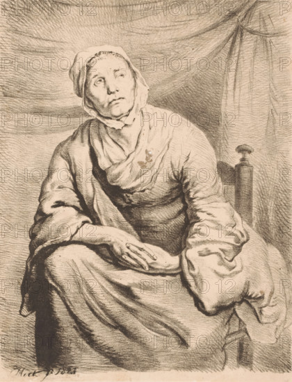 Sitting farmer's wife, print, The woman has her hands clasped together and is looking upwards., printmaker: Johannes Mock, 1821, Johannes Mock, printmaker, paper, lithography, height 260 mm x width 205 mm, farmers - AA - female farmer, farmer's wife, looking upwards, A seated older woman wearing a hooded headscarf and layered draped clothing looks upward with a solemn expression, her hands folded together in her lap; the scene is rendered in pencil or charcoal with soft shading and textured strokes, a high-backed chair is visible behind her shoulder and a draped fabric forms the background.