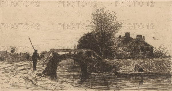 Primavera (original title), Landscape with river, bridge and houses, print, printmaker: Philip Zilcken, after design by Matthijs Maris, publisher: Buffa & Co., Amsterdam, 1890 - 1930, paper, etching, intaglio printmaking technique, height 140 mm x width 267 mm, river, bridge, A monochrome sketch of a rural scene showing a stone arched bridge over a body of water, with reflections beneath the arch. A figure stands on the near bank holding a long pole, facing the bridge. To the right of the bridge a small boat lies along the water’s edge. Behind the bridge there are dense, scribbled trees and a cluster of roofed cottages with visible chimneys. A bird is sketched in flight near the cottages. The foreground shows a winding, textured path leading toward the bridge and scattered low vegetation along the banks. The sky is lightly marked with faint horizontal lines and speckled texture.