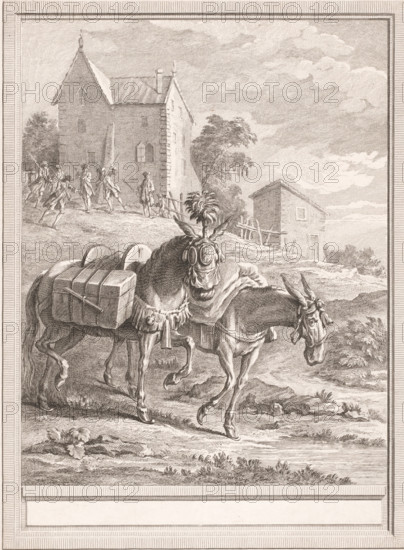 Two pack mules with soldiers advancing in the background, print, book illustration, printmaker: Pierre Chenu, France, printmaker: Charles Nicolas Cochin (II), after design by Jean-Baptiste Oudry, 1755 - 1759, paper, etching, engraving, proof for letter, etching and engraving, height 307 mm x width 226 mm, A sepia-toned engraving shows a loaded donkey in the foreground with packs and barrels strapped to its back and a decorative cloth and tassel draped over its body; the donkey faces right with a downward head and visible bridle. Behind it a second donkey is partly visible carrying more goods. In the middle ground a dirt path winds past sparse vegetation and low shrubs toward a small building with a pitched roof and a simple window, a wooden fence running nearby. To the left a larger multi-story stone building with small windows and a steep roof stands on higher ground. A group of people, some carrying long poles, are gathered near the larger building and appear in various poses. A tall...