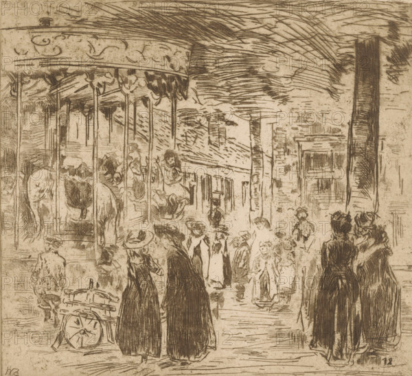 Fair with carousel, Carousel (original title), print, printmaker: Willem de Zwart (signed by artist), publisher: Kunstzaal Vaarties, 1924, paper, etching, drypoint, intaglio printmaking technique, height 214 mm x width 227 mm, pleasure fair and circus, merry-go-round, roundabout, chair o'plane, A sepia-toned etched scene showing a crowded street with many people in period clothing, several wearing hats and long coats, some standing in pairs and groups, others walking. On the left a round carousel canopy with decorative scalloped edges and vertical poles is visible, with partial animal figures beneath it. In the foreground two women in dark cloaks stand with their backs to the viewer, and nearby a partially visible cart with a large spoked wheel sits at street level. Buildings and architectural facades rise along the right side, and a tall vertical column or post appears near the center right. The sky and upper area are filled with hatched lines suggesting clouds or shading, and the gro...