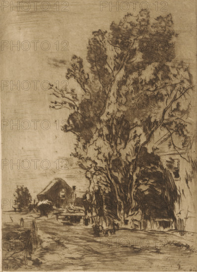 Country road with houses and trees, Country road (original title), print, printmaker: Willem de Zwart (signed by artist), publisher: Kunstzaal Vaarties, 1924, paper, etching, intaglio printmaking technique, height 258 mm x width 187 mm, road, path, farm or solitary house in landscape, A horizontal section of an aged print with a narrow illustrated strip at the top showing rough sketch lines of foliage and a small thatched-roof structure, a wide expanse of cream-colored paper beneath the illustration, and a thin uneven grayish border at the lower edge above a large solid black area.
