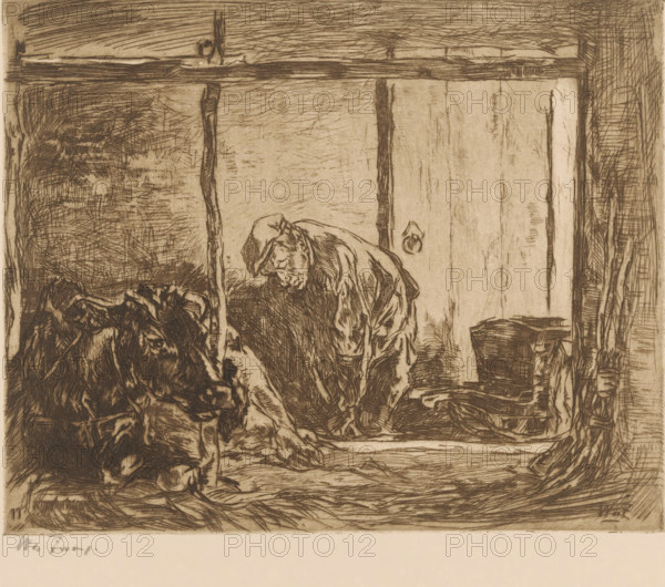 Farmer and cow in a stable, In the stable (original title), print, printmaker: Willem de Zwart (signed by artist), publisher: Kunstzaal Vaarties, 1924, paper, etching, intaglio printmaking technique, height 178 mm x width 217 mm, farmers, cow, stall, stable, A monochrome etching shows a rough wooden interior with vertical and horizontal beams framing the scene, textured crosshatching filling the walls and ceiling. In the central area a hunched figure wearing a draped garment and a cap is depicted with detailed line work, head bowed and shoulders rounded. To the left a mass of dark, tangled shapes suggests piled fabric or other material rendered with dense, expressive strokes. On the right a simple wooden bucket sits near a vertical post, and the floor is marked with scratchy lines and shading. The overall image is rendered in sepia tones with varied line densities creating depth and texture.