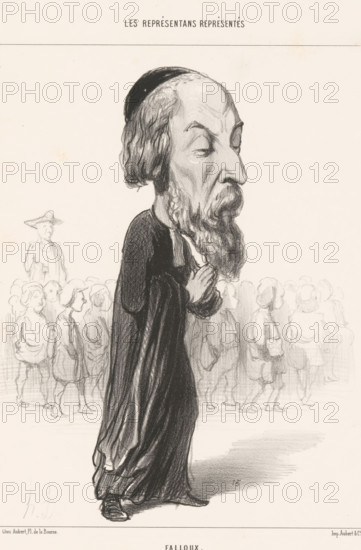Falloux, Caricature of Alfred-Fréderic-Pierre Falloux, Caricatures of representatives, Les Representants Representés, cartoon, printmaker: Honoré Daumier, Paris, printer (person): Aubert & Cie., 1849, printer (person), paper, lithography, height 338 mm x width 248 mm, historical persons, caricatures (human types), A charcoal or pencil drawing of a tall, robed man with an elongated head and prominent nose viewed in profile, wearing a skullcap and a long beard, hands clasped against his chest and eyes closed, standing in front of a loosely sketched crowd of children and a distant adult figure in a hat, all rendered in soft shading and sketch lines on a pale background.
