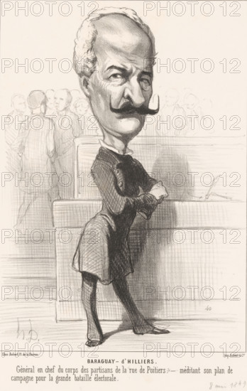 Caricature of Achille, comte Baraguay d'Hilliers, Baraguay-d'Hilliers, Caricatures of representatives, Les Representants Representés, cartoon, printmaker: Honoré Daumier, Paris, printer (person): Aubert & Cie., 1849, printer (person), paper, lithography, height 338 mm x width 258 mm, Print used for: Le Charivari, April 21, 1849., historical persons, caricatures (human types), A tall, thin man with an oversized head and prominent mustache stands with folded arms, wearing a dark fitted coat, knee-length trousers, stockings, and low shoes; his hair is light and receding, and his facial features are heavily shaded. He leans against a paneled surface that casts a shadow, while a faintly sketched group of people stands in the background to one side. The image is rendered in pencil or charcoal with visible shading and crosshatching, and a signature-like mark appears near the lower corner.