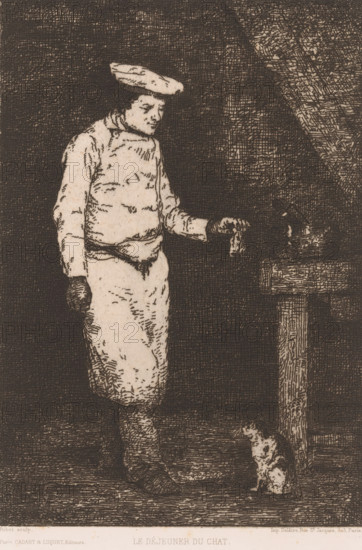 Le Déjeuner du Chat, Dark interior with a cook holding up a piece of meat for a cat, Eaux-Fortes Modernes: Originales et Inédites, print, Series number, 289, 300, printmaker: Théodule Augustin Ribot, printer (person): Delâtre, Paris, publisher: Cadart & Luquet, 1867, printer (person), paper, etching, intaglio printmaking technique, height 269 mm x width 181 mm, Part of the first volume of a series of prints by the Société des Aquafortistes from 1867. Plate 289., cat, cook, A sepia-toned illustration shows a person wearing a long padded coat and a rounded hat standing and extending an arm downward while holding a small object between fingers; the figure faces a small spotted cat that sits alert on the floor, and nearby a wooden table or post supports a shallow bowl with a ladle or spoon resting inside.