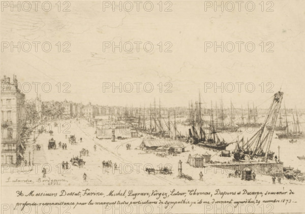 View of Bordeaux, print, watermark, printmaker: Maxime François Antoine Lalanne, France, dedicated to: various manufacturers, 1873-11-29, paper, etching, engraving, intaglio printmaking technique, drypoint, height 119 mm x width 158 mm, harbour, city-view, and landscape with man-made constructions, Bordeaux, A wide waterfront scene rendered in fine pen lines shows a quay lined with buildings on one side and numerous sailing vessels moored along the water on the other, with slender masts rising into a sky filled with light, sketchy cloud outlines; along the beachfront area there are temporary sheds and stacked goods, a large tilted spar with rigging, small carts and wagons, and many tiny figures walking or standing in groups, while trees and multi-storey facades frame the distant shoreline and the foreground includes stone bollards and low fences by the water.