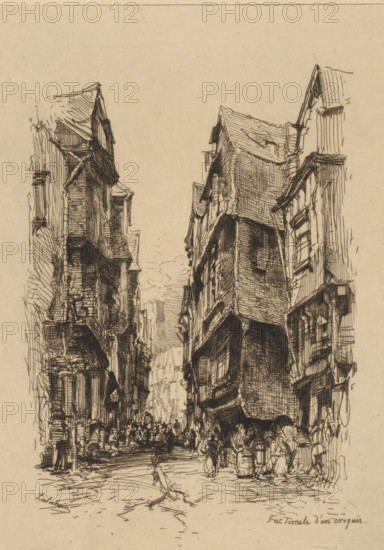 Street view in Morlaix, Grande rue à Morlaix (Brittany), print, printmaker: Maxime François Antoine Lalanne (signed by artist), France, 1876, paper, etching, intaglio printmaking technique, drypoint, engraving, height 272 mm x width 199 mm, Published in 'L'Illustration nouvelle', 1876 (4)., street, Morlaix, A detailed pen-and-ink city street scene showing tall, narrow buildings with overhanging upper stories lining both sides of a crowded, winding street, the facades rendered with dense, crosshatched lines indicating textured walls, windows, eaves, and roof tiles; the street is filled with small, sketched figures walking and gathered in groups, some near barrels and doorways, while the perspective draws the eye toward a distant cluster of buildings seen between the rows; the sky is left plain and the overall image has a sepia paper tone.