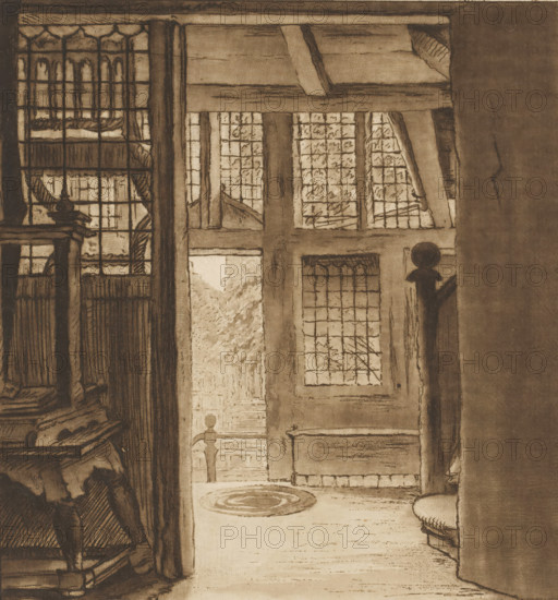 Interior of Rembrandt's house, print, The print is loose in an album, see page 84., printmaker: widow Dietrich, after drawing by Rembrandt van Rijn, Amsterdam, supervision: Christiaan Josi, 1817, widow Dietrich, Rembrandt van Rijn, Christiaan Josi, printmaker, after drawing by, supervision, paper, print drawing, etching, roulette, etching and roulette, printed in brown, height 194 mm x width 183 mm, The print was included in: Collection d'imitations de dessins d'après les principaux maîtres hollandais et flamands, London, C. Josi, 1821., interior of the house, A narrow interior view rendered in sepia tones shows a tall paneled door with small leaded glass panes set in a wooden frame, a round dark knob on the right, and patterned panes above and beside it; to the left, a tall window with leaded glass and heavy curtains or drapery hangs behind a carved wooden chair with visible arm and upholstered seat; a small round rug lies on the floor beyond the doorway and a turned wooden baluster i...