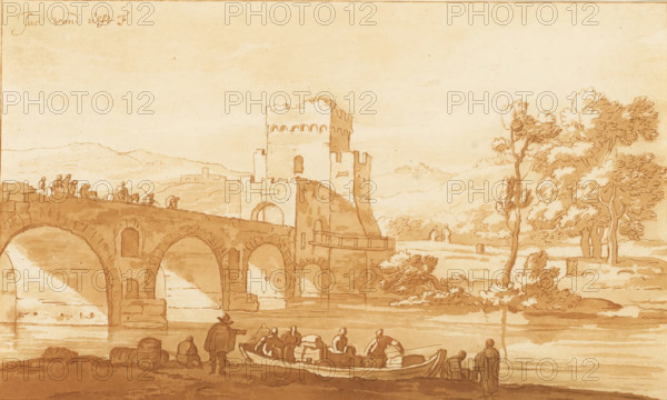 Ponte Molle near Rome, print, The Ponte Molle near Rome. In the foreground a boat moored at the waterside with various figures. The print lies loose in an album, see page 161., printmaker: Cornelis Brouwer, after drawing by Jacob van der Ulft, publisher: Cornelis Sebille Roos (publisher), Amsterdam, 1741 - 1803, paper, print drawing, etching, transfer print, etching and transfer print, printed in red, brown, height 124 mm x width 206 mm, Cornelis Brouwer published a number of print drawings in collaboration with CS Roos which bear the signature C.Brouwer fecit and CS Roos excudit Amst. on the verso. The print was included in: Collection d'imitations dessins d'après les principals maîtres hollandais et flamands, London, C. Josi, 1821., landscape with bridge, viaduct or aqueduct, Rome, Milvian bridge, A sepia-toned landscape drawing showing a stone bridge with arches spanning a body of water, a fortified tower or gatehouse rising from the far end of the bridge, and rolling hills in the b...