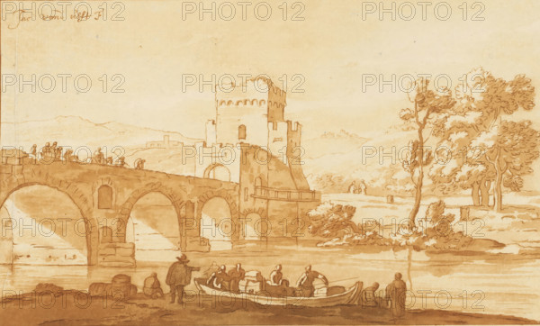 Ponte Molle near Rome, print, The Ponte Molle near Rome. In the foreground a boat moored at the waterside with various figures. The print lies loose in an album, see page 161., printmaker: Cornelis Brouwer, after drawing by Jacob van der Ulft, publisher: Cornelis Sebille Roos (publisher), Amsterdam, 1741 - 1803, paper, print drawing, etching, transfer print, etching and transfer print, printed in red, brown, height 124 mm x width 207 mm, Cornelis Brouwer published a number of print drawings in collaboration with CS Roos which bear the signature C.Brouwer fecit and CS Roos excudit Amst. on the verso. The print was included in: Collection d'imitations dessins d'après les principals maîtres hollandais et flamands, London, C. Josi, 1821., landscape with bridge, viaduct or aqueduct, Rome, Milvian bridge, A sepia-toned ink wash drawing shows a riverside scene with an arched stone bridge extending from the left toward a fortified tower near the center, the tower rising above battlemented wall...