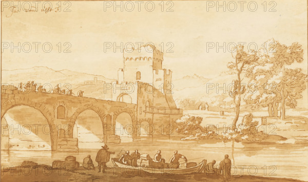 Ponte Molle near Rome, print, The Ponte Molle near Rome. In the foreground a boat moored at the waterside with various figures. The print lies loose in an album, see page 161., printmaker: Cornelis Brouwer, after drawing by Jacob van der Ulft, publisher: Cornelis Sebille Roos (publisher), Amsterdam, 1741 - 1803, paper, print drawing, etching, transfer print, etching and transfer print, printed in red, brown, height 124 mm x width 207 mm, Cornelis Brouwer published a number of print drawings in collaboration with CS Roos which bear the signature C.Brouwer fecit and CS Roos excudit Amst. on the verso. The print was included in: Collection d'imitations dessins d'après les principals maîtres hollandais et flamands, London, C. Josi, 1821., landscape with bridge, viaduct or aqueduct, Rome, Milvian bridge, A sepia-toned drawing showing a stone bridge with multiple arches crossing a river, a fortified tower and gatehouse at the near end of the bridge, and small groups of people on the bridge a...