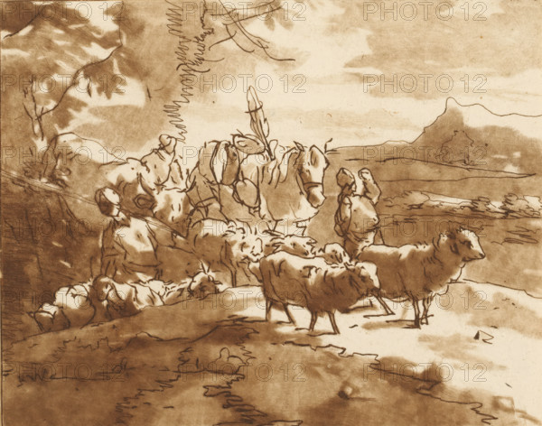 Shepherds with cattle in a mountain landscape, Horse with herd of sheep, print, The print is loose in an album, see pages 140, 141., inscription: 'Jacob van de Velde f., S: vd'...Does 1769.', printmaker: Jacob van de Velde (engraver), Amsterdam, after drawing by Simon van der Does, 1769, Jacob van de Velde (engraver), Simon van der Does, printmaker, after drawing by, paper, print drawing, etching, roulette, etching and roulette, printed in brown, height 126 mm x width 160 mm, The print was included in: Collection d'imitations de dessins d'après les principaux maîtres hollandais et flamands, London, C. Josi, 1821., herding, herdsman, herdswoman, shepherd, shepherdess, cowherd, sheep, (high) hill, cattle driving, cattle driver, A sepia-toned sketch showing a group of sheep in the foreground with woolly bodies and dark outlines, two sheep standing more prominently near the center-right facing different directions, and several sheep clustered and lying down toward the left; rough, fluid li...