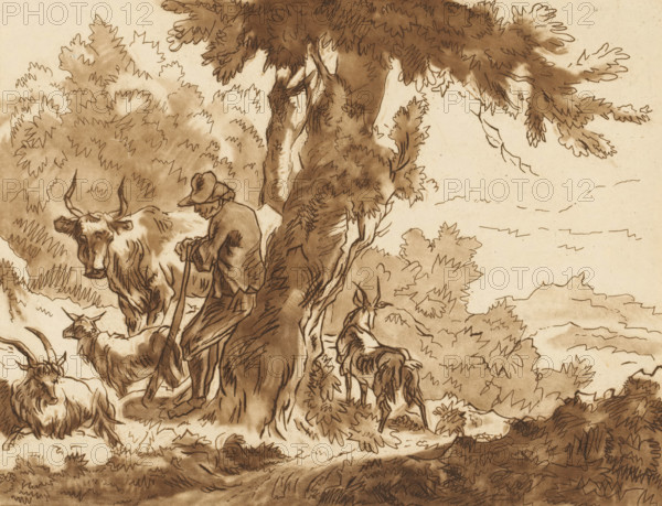 Shepherd and his cattle by a tree, print, Shepherd leaning against a tree, surrounded by his cattle. The print is loose in an album, see pages 140, 141., inscription: 'Jacob van de Velde f. 1770 after N. Berghem', printmaker: Jacob van de Velde (engraver), Amsterdam, after drawing by Nicolaes Pietersz Berchem, 1770, paper, print drawing, etching, roulette, etching and roulette, printed in brown, height 140 mm x width 182 mm, The print was included in: Collection d'imitations de dessins d'après les principaux maîtres hollandais et flamands, London, C. Josi, 1821., herding, herdsman, herdswoman, shepherd, shepherdess, cowherd, figure, herd, flock, A sepia-toned sketch shows a bearded man wearing a hat and leaning on a staff beneath a large leafy tree, surrounded by several goats with horns in varied poses; dense foliage and bushes frame the scene while textured shading defines the tree trunk, branches, and ground.