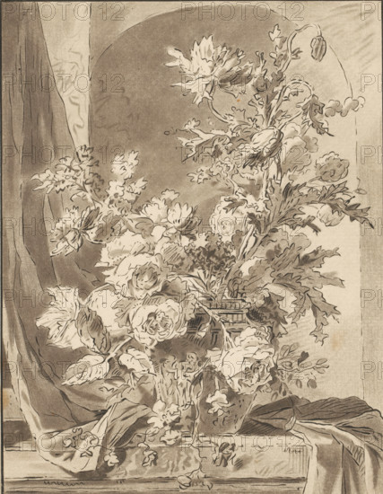 Vase with flowers in front of a niche, print, The print is loose in an album, see page H. 65., printmaker: Bernhard Schreuder, Netherlands, after drawing by Jan van Huysum, 1767 - 1780, paper, print drawing, etching, rocker stamp, height 204 mm x width 158 mm, flowers in a vase, A monochrome drawing of a large bouquet of flowers arranged in a decorative vessel set on a ledge, with a draped fabric falling behind and beside it; the flowers show varied blossoms and leaves rendered with detailed shading and line work, some blooms fully open while others are in bud, and long leafy stems extend upward and outward, creating a dense, textured composition against a softly shaded background with an arched shape behind the arrangement.