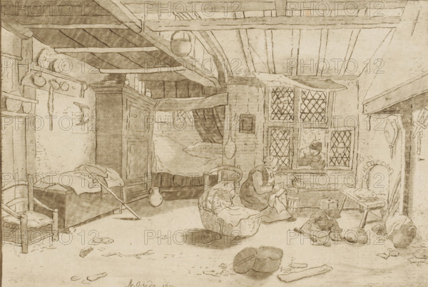Interior with woman by cradle, print, Interior with a woman by a cradle. The woman is talking to a man standing outside at the open window. A child is playing by the fireplace. The print is loose in an album, see page 56., printmaker: Cornelis Ploos van Amstel, Amsterdam, after drawing by Adriaen van Ostade, 1760, paper, print drawing, transfer print, roulette, transfer print and roulette, height 136 mm x width 200 mm, interior of the house, cradle, crib, human figure at (open) window, seen from inside, A sepia-toned interior scene showing a low beamed ceiling and wooden rafters above a room with a bed and a canopy draped with fabric, a tall cupboard beside the bed, and a shelf holding round objects and a hanging string of items. A woman sits on the floor near a window with diamond-paned glass, holding a small child while a woven basket with a blanket and a small bundle rests nearby. A second child sits on the floor playing with an object, and a figure leans out of the window looking i...