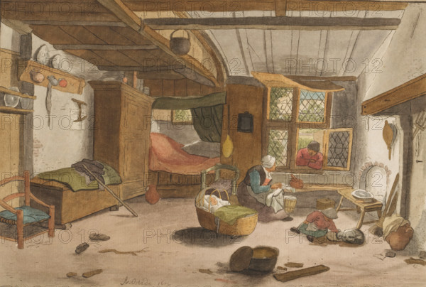 Interior with woman by cradle, print, Interior with a woman by a cradle. The woman is talking to a man standing outside at the open window. A child is playing by the fireplace. The print lies loose in an album, see page 56., inscription: 'A v Ostade del 1672, CPloos v Amstel F 1768', printmaker: Cornelis Ploos van Amstel (signed by artist), Amsterdam, after drawing by Adriaen van Ostade, 1768, paper, print drawing, transfer print, roulette, hand coloring, transfer print and roulette, hand colored, height 134 mm x width 198 mm, interior of the house, cradle, crib, human figure at (open) window, seen from inside, A room with exposed wooden beams and a low ceiling, a large bed with a green canopy and a red blanket tucked into a wooden alcove, a wooden chest topped with folded clothing and a long staff leaning against it, a wooden chair with a blue cushion, a cradle holding a swaddled infant, a seated woman in a bonnet and apron mending cloth beside a small wooden tub, a child on the floor...