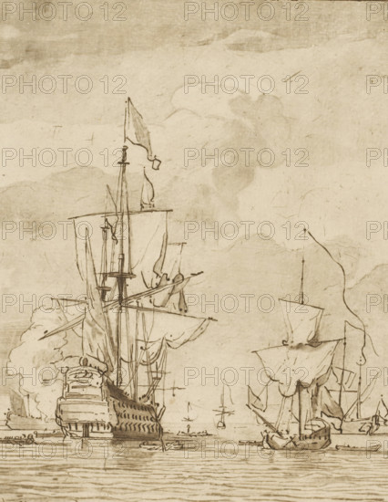 Warship firing a shot, print, Various sailing ships at sea, one of which fires a shot. The print is loose in an album, see page 48., printmaker: Cornelis Ploos van Amstel, Amsterdam, after drawing by Willem van de Velde (II), 1759, paper, print drawing, etching, roulette, etching and roulette, proof print, height 213 mm x width 173 mm, sailing-ship, sailing-boat, cannon shots (military salute), maritime history, A detailed ink drawing of several sailing ships on calm water, showing tall masts, furled and unfurled sails, rigging lines, and flags atop the spars, with larger ships in the foreground and smaller vessels in the distance, clouds and faint sky shading above, and textured water with horizontal strokes at the bottom.