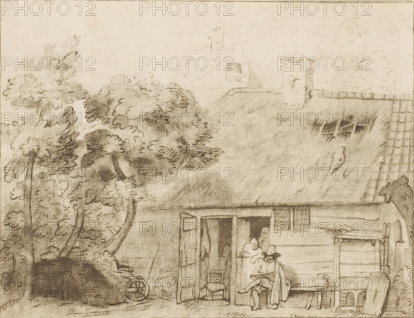 Draughtsman in front of a farmhouse, print, A draughtsman sits on a bench in front of a farmhouse. Two people are leaning on the lower door. The print is loose in an album, see page 58., printmaker: Cornelis Ploos van Amstel, Amsterdam, after drawing by Gerbrand van den Eeckhout, 1765 - 1769, paper, print drawing, etching, roulette, etching and roulette, height 158 mm x width 205 mm, farm (building), draughtsman at work, A pencil sketch of a thatched cottage exterior with trees to the left, a sloping roof with a chimney and a small window, and an open doorway showing interior details. A seated figure wearing a hat and cloak is on a bench outside the doorway while another small figure stands nearby. A chair sits inside the open door and a table with a jug rests against the cottage wall. A wheel and foliage are visible near the base of the trees, and the scene is rendered with soft shading and line work across the paper.