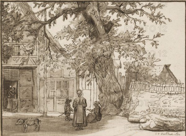 Inn in Anrath, Village view with large tree, print, Inn 'Zur blauen Hand am Kirchhof' in Anrath. In the doorway a woman with a child in her arms. Next to the inn a large tree and several figures underneath. On the left a pig. The print lies loose in an album, see page 47., printmaker: Cornelis Ploos van Amstel, after drawing by Lambert Doomer (attributed to), after drawing by Gerbrand van den Eeckhout, Amsterdam, 1759 - 1821, Attributed to, paper, print drawing, impression, etching, etching and impression, height 135 mm x width 184 mm, trees, pig, village, A sepia-toned drawing of a village scene showing a large, leafy tree with a textured trunk dominating the center and upper area, its branches and foliage spreading across the composition; beneath the tree stand and sit several figures in period clothing, including a person standing at the foreground facing forward, a seated figure at the tree base, and a childlike figure nearby holding a stick; to the left there is a timbered buildin...