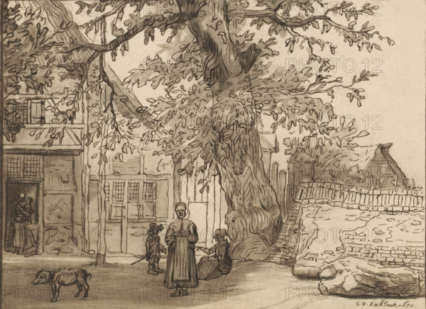 Village view with large tree, Inn in Anrath, print, Inn 'Zur blauen Hand am Kirchhof' in Anrath. In the doorway, a woman with a child in her arms. Next to the inn, a large tree and several figures underneath. On the left, a pig. The print lies loose in an album, see page 47., printmaker: Cornelis Ploos van Amstel, after drawing by Lambert Doomer (attributed to), after drawing by Gerbrand van den Eeckhout, 1759 - 1821, Attributed to, paper, print drawing, etching, perforation, etching and perforation, height 136 mm x width 184 mm, trees, pig, village, A sepia-toned drawing shows a large gnarled tree with twisting trunk and spreading branches filled with leaves occupying the center and right of the scene, its roots and lower trunk beside a low stone wall. In front of the tree, three figures stand and sit: a standing woman in a long dress facing forward, a small child beside her in period clothing with a hat and a stick, and a seated person on a bench near the tree trunk. To the left, a b...