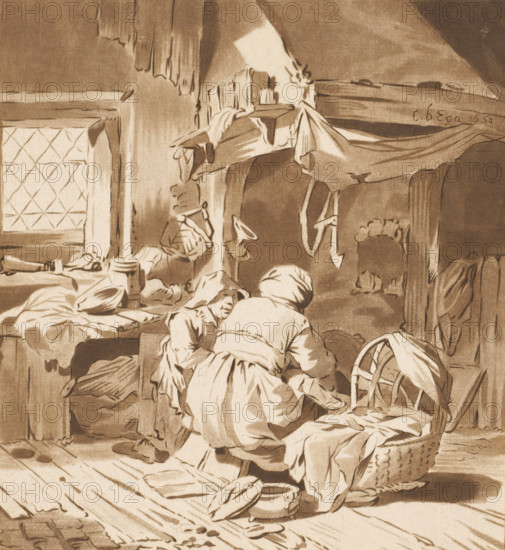 Farmer's interior with two women, print, Interior with two women near a cradle. The print is loose in an album, see page 42, printmaker: Bernhard Schreuder, after drawing by Cornelis Pietersz. Bega, supervision: Cornelis Ploos van Amstel, Amsterdam, 1772 - 1787, Bernhard Schreuder, Cornelis Pietersz. Bega, Cornelis Ploos van Amstel, printmaker, after drawing by, supervision, paper, print drawing, etching, roulette, etching and roulette, printed in brown, height 179 mm x width 165 mm, interior of the house, cradle, crib, open hearth, fire-place, A sepia-toned interior scene showing two figures bent over near a bed, their clothing consisting of simple skirts and head coverings. A wooden bed with rumpled sheets and blankets sits on the left beneath a window with a diamond-patterned pane. Shelves above the bed hold folded cloth and a few small objects, and fabric hangs from a high beam and over a wooden peg. A woven basket filled with linens rests beside a rounded wooden chair with a drape...