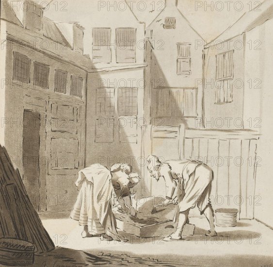 Pig slaughter, print, In a courtyard a man and a woman slaughter a pig. The print is loose in an album, see page 41., inscription: 'J. Saenredam del. 1610. Pl van Amstel fec.', printmaker: Bernhard Schreuder, after drawing by Jan Saenredam, supervision: Cornelis Ploos van Amstel (signed by artist), Amsterdam, 1778 - 1787, paper, etching, roulette, hand coloring, etching and roulette, hand-colored in gray, height 157 mm x width 159 mm, butcher, slaughterman, slaughtered ox or pig, A monochrome drawing of a narrow courtyard bordered by buildings with shuttered windows and wooden doors, showing three figures leaning over a rectangular box on the ground; two figures appear to be women wearing long dresses and head coverings, and one figure appears to be a man bending forward holding a tool, with a bucket nearby and beams of light and shadow falling across the scene.