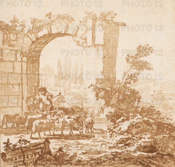Herd of goats at a gate, print, A shepherd with a herd of goats at a gate. Cypresses in the background. The print is loose in an album, see page 39., printmaker: Cornelis Brouwer, after drawing by Simon van der Does, supervision: Cornelis Ploos van Amstel, Amsterdam, 1781 - 1786, paper, print drawing, transfer, printed in brown, proof print, height 148 mm x width 158 mm, herding, herdsman, herdswoman, shepherd, shepherdess, cowherd, landscape with ruins, goat, A sepia-toned drawing showing a ruined stone archway and wall on the left, with trees and foliage growing around and above the arch. In the foreground a group of sheep and goats move along a path beside rocks and bushes, and a standing figure near the arch appears to be guiding them. To the right a tall tree with leafy branches rises beside a vertical stone structure, and in the distance faint silhouettes of more trees and landscape features are visible through the arch. The lower foreground shows textured ground and a small boat...