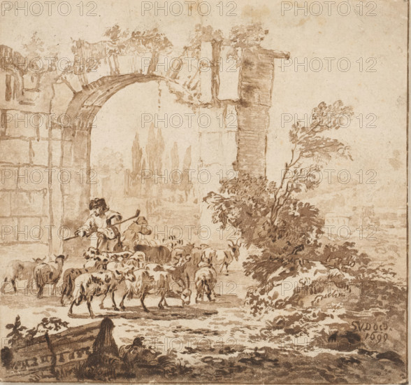 Herd of goats at a gate, print, A shepherd with a herd of goats at a gate. Cypresses in the background. The print is loose in an album, see page 39., printmaker: Cornelis Brouwer, after drawing by Simon van der Does, supervision: Cornelis Ploos van Amstel, Amsterdam, 1781 - 1786, paper, print drawing, transfer, printed in brown, height 148 mm x width 155 mm, herding, herdsman, herdswoman, shepherd, shepherdess, cowherd, landscape with ruins, goat, A sepia-toned pen and ink scene shows a ruined stone archway and wall at the left with weathered blocks and overgrown vegetation, a shepherd standing beneath the arch holding a staff and tending a flock of sheep that move toward the right, a leafy tree and dense shrubbery near the center right, distant faint indications of tall tree shapes beyond the arch, a textured ground with scattered rocks and foliage, and a small structure or building partially visible at the lower left foreground.