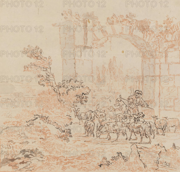 Herd of goats at a gate, drawing, A shepherd with a flock of goats at a gate. Cypresses in the background. The transfer drawing lies loose in an album, see page 39., maker: Cornelis Brouwer, after drawing by Simon van der Does, supervision: Cornelis Ploos van Amstel, Amsterdam, 1781 - 1786, inorganic material, materials by function, paper, ink, chalk, brush, transfer drawing in red chalk, touched up with a brush in grey, verso with remnants of gum and powder, height 148 mm x width 156 mm, Regarding the transfer drawings by Ploos van Amstel see LNP, p. 201., herding, herdsman, herdswoman, shepherd, shepherdess, cowherd, landscape with ruins, goat, A faded drawing showing a pastoral scene with a stone arch and ruins at the top right, trees and shrubs scattered across the middle ground, a shepherd standing near the arch holding a staff, and a herd of sheep clustered in the center and lower right.