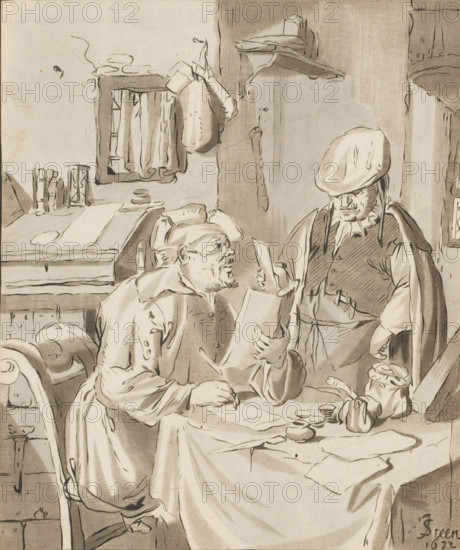 Writer of a letter, Recipient, print, A man, sitting at a table, is writing a letter. Next to him stands a man with a letter in his hand. The print lies loose in an album, see page 38., printmaker: Bernhard Schreuder, after drawing by Jan Havicksz. Steen, supervision: Cornelis Ploos van Amstel, Amsterdam, 1777 - 1786, paper, print drawing, etching, roulette, hand coloring, etching and roulette, hand colored in gray, height 156 mm x width 132 mm, letter, envelope, writing tools, sitting figure, A monochrome ink drawing shows an interior scene with two men at a cluttered table; one man sits on a carved chair holding a sheet of paper and a pen, his clothing loose and draped, facial hair visible and his expression concentrated, while the other man stands nearby wearing a cap and layered garments with a cloak draped over his shoulders, facing the seated man. The table is covered with a cloth and scattered with small round objects, pouches, and additional sheets of paper, and a bag tied with...
