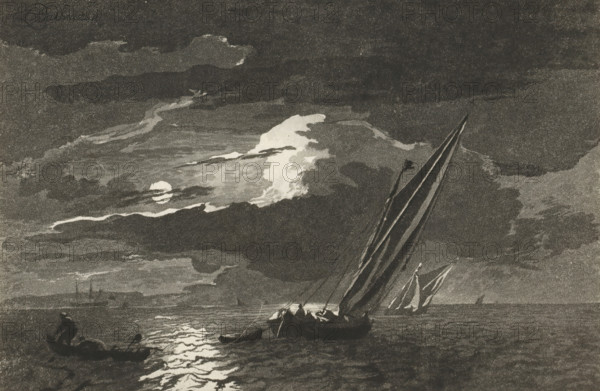 Seascape with full moon, print, Two sailing ships are at sea. A fisherman is hauling in his nets from a sloop. The print is loose in an album, see page 33., printmaker: Cornelis Brouwer, after drawing by Ludolf Bakhuysen, supervision: Cornelis Ploos van Amstel, Amsterdam, 1779 - 1781, paper, print drawing, transfer print, proof print, height 140 mm x width 212 mm, sailing-ship, sailing-boat, moonlight, A dark seascape under a cloudy sky with a bright moon partially hidden by clouds casting a reflective path on the water, small boats with tall sails tilted and crew visible on one, distant shoreline silhouettes and other boats on the horizon, and scattered clouds of varying tones filling the sky.