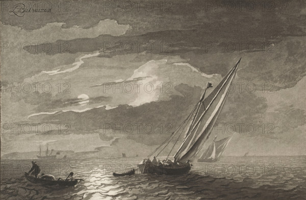 Seascape with full moon, print. Two sailing ships are at sea. A fisherman is hauling in his nets from a sloop. The print is loose in an album, see page 33., inscription: 'L. Bakhuizen del. CPloos van Amstel JC Fecit.1781', printmaker: Cornelis Brouwer, after drawing by Ludolf Bakhuysen, supervision: Cornelis Ploos van Amstel (signed by artist), Amsterdam, 1781, paper, print drawing, transfer print, height 138 mm x width 208 mm, sailing-ship, sailing-boat, moonlight, A dark seascape under a clouded sky with a bright circular light near the horizon partially obscured by clouds, reflective ripples on the water leading toward the foreground, small rowboats and larger sailboats with tall sails and rigging, a pair of figures in a nearer small boat and several figures in a larger boat, distant silhouettes of more ships on the horizon, and layered clouds filling most of the sky.