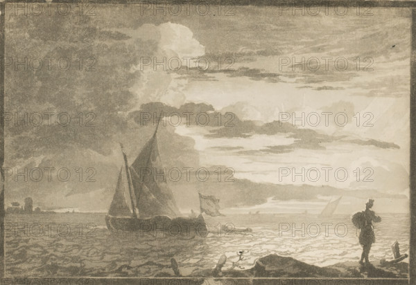 Man with sack on shoulders at sunrise, print, waste paper, On the right in the foreground a man with a sack on his shoulder looking at the ships and the sunrise. The print is loose in an album, see page 33., printmaker: Cornelis Brouwer, after drawing by Ludolf Bakhuysen, supervision: Cornelis Ploos van Amstel, Amsterdam, 1779 - 1781, paper, print drawing, stencil, waste paper of a stencil, height 155 mm x width 218 mm, sailing-ship, sailing-boat, carrying something on the head or on the shoulders, sunrise, A monochrome scene of a coastal view with a wide sky filled with layered clouds, a large sailboat near the left foreground with its sails raised, a smaller boat with a flag farther out, rippling water reflecting light, a rocky shoreline in the lower foreground, and a silhouetted figure standing on the shore looking toward the water.
