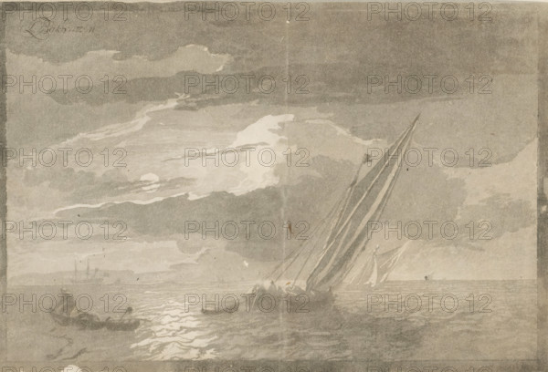 Seascape with full moon, print, waste paper, Two sailing ships are at sea. A fisherman is hauling in his nets from a sloop. The print is loose in an album, see page 33., printmaker: Cornelis Brouwer, after drawing by Ludolf Bakhuysen, supervision: Cornelis Ploos van Amstel, Amsterdam, 1779 - 1781, paper, print drawing, stencil, waste paper of a stencil, height 155 mm x width 218 mm, sailing-ship, sailing-boat, moonlight, A grayscale scene of a seascape showing sailboats with tall, angled sails leaning to the right on the water, a smaller rowboat with figures in the foreground left, a low horizon with distant masts and land, textured cloud formations across the sky, and a bright reflective patch on the water beneath the clouds.