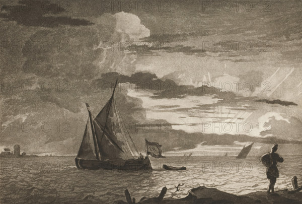 Man with sack on shoulder at sunrise, print, On the right in the foreground a man with a sack on his shoulder looking at the ships and the sunrise. The print is loose in an album, see page 32., printmaker: Cornelis Brouwer, after drawing by Ludolf Bakhuysen, supervision: Cornelis Ploos van Amstel, Amsterdam, 1779 - 1781, paper, print drawing, transfer, height 144 mm x width 212 mm, sailing-ship, sailing-boat, carrying something on the head or on the shoulders, sunrise, A dark-toned seascape shows a sailboat with raised sails and rigging near the center, a small rowboat beside it, and another partially submerged vessel farther out; clouds fill the sky with varying shades and textures, and light breaks through near the horizon creating bright streaks; on the right, a lone figure stands on the shore looking toward the water, with rocky shoreline details and scattered debris in the foreground.