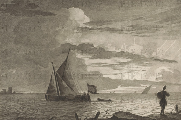 Man with sack on shoulder at sunrise, print, On the right in the foreground a man with a sack on his shoulder looking at the ships and the sunrise. The print is loose in an album, see page 32., inscription: 'L. Bakhuizen del. CPloos van Amstel JC Fecit. 1781', printmaker: Cornelis Brouwer, after drawing by Ludolf Bakhuysen, supervision: Cornelis Ploos van Amstel (signed by artist), Amsterdam, 1781, paper, print drawing, transfer print, height 143 mm x width 211 mm, sailing-ship, sailing-boat, carrying something on the head or on the shoulders, sunrise, A monochrome scene of a coastal seascape with a large cloud-filled sky, layered clouds and light breaking through; a sailboat with raised sails and a flag on the water near the shore, a small rowboat alongside it, and another distant sail visible; a rocky shoreline in the foreground with scattered driftwood and a standing figure facing the water wearing a hat and carrying a bundle on their back.