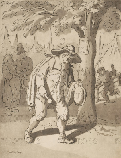 Claimer, print, A town crier with percussion by a tree. People listening in the background. The print is loose in an album, see page 29., inscription: 'Corn. Dusart. del. Ploos v. Amstel JC Fecit. 1776', printmaker: Bernhard Schreuder, after drawing by Cornelis Dusart, supervision: Cornelis Ploos van Amstel (signed by artist), Amsterdam, 1776, paper, print drawing, etching, roulette, etching and roulette, height 200 mm x width 155 mm, oral spreading of news, town crier, A monochrome drawing shows a central older man wearing a large floppy hat and loose clothing, holding a small mallet in one hand and a round object in the other while standing beside a tree; the man’s clothing includes a cloak draped over his shoulders and baggy breeches, and his face is turned slightly to the side with visible hair under the hat. To the left, two figures stand close together, one with a tall pointed hat and the other leaning toward them, their hands near each other. To the right, a smaller figure appea...