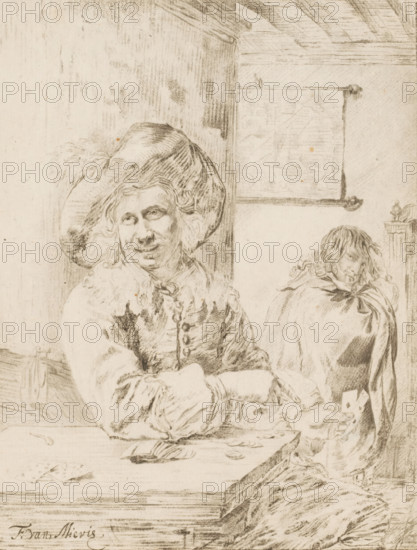Card players, print, A card player with playing cards in hand and on the table. In the background a man. The print is loose in an album, see page 26., inscription: 'Ploos van Amstel f.', printmaker: Cornelis Brouwer, after drawing by Frans van Mieris, supervision: Cornelis Ploos van Amstel, Amsterdam, 1777, paper, print drawing, etching, crayon manner, through-print, etching in crayon manner and through-print, proof print, height 191 mm x width 148 mm, playing-cards, A pencil drawing of two seated men in historical clothing inside a room, the man in the foreground wearing a large feathered hat and a coat with visible buttons and textured sleeves, his face turned slightly with a small smile and wavy hair, his arms resting on a table that has a few indistinct objects on it; behind him a second man with longer hair and a cloak leans forward with his hand near his head; the background shows a wall with wood beam detailing and a hanging rectangular object mounted on the wall.