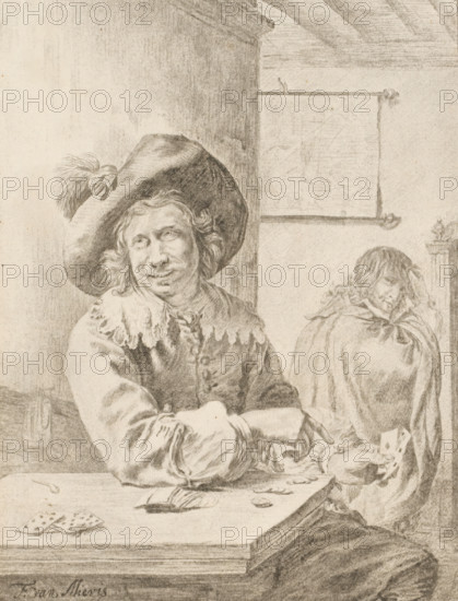 Card players, print, A card player with playing cards in hand and on the table. A man in the background. The print lies loose in an album, see page 26., inscription: 'Frans van Mieris Fecit 1663, CPloos v Amstel JC Fecit 1777', printmaker: Cornelis Brouwer, after drawing by Frans van Mieris, supervision: Cornelis Ploos van Amstel (signed by artist), Amsterdam, 1777, paper, print drawing, etching, crayon manner, through-print, etching in crayon manner and through-print, height 193 mm x width 148 mm, playing-cards, A monochrome drawing of two men seated at a table inside a room, one man in the foreground facing slightly left with a large feathered hat, wavy hair, a loose collar with scalloped edges, and a coat with visible buttons, his arms resting on the table and one hand holding playing cards, while the other man in the background sits turned away with his head bowed and a cloak draped over his shoulders; on the table there are scattered cards, a small book, and coins, and behind them...