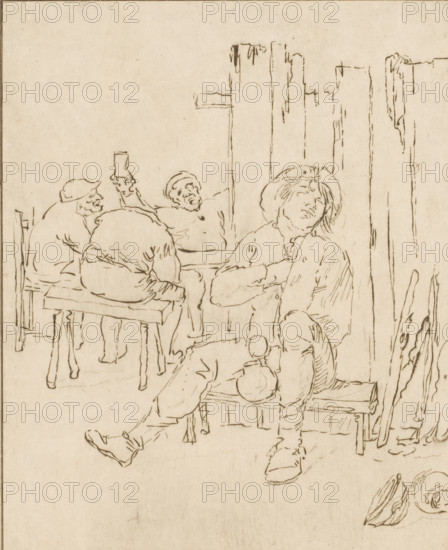 Drunken farmer in inn, print, A farmer sits on a low bench in an inn, with a jug in his hand. In the background, three men at a table. The print is loose in an album, see page 25., printmaker: Bernhard Schreuder, after drawing by Adriaen Brouwer, supervision: Cornelis Ploos van Amstel, Amsterdam, 1775, paper, print drawing, etching, roulette, etching and roulette, proof print, height 194 mm x width 158 mm, inn, coffee-house, public house, drinking, jar, jug (used as drinking-vessel), A sepia line drawing showing several seated men in casual poses inside a wooden interior; one man in the foreground reclines on a bench with his head tilted back and an arm across his chest, wearing a loose shirt and a brimmed hat, another man sits slumped forward on a bench with his back turned, a third figure raises a tankard, and a fourth faces away at a table. Rough vertical planks form a wall at the right, and simple stools and benches occupy the space, with a few rounded objects and a hat drawn near ...